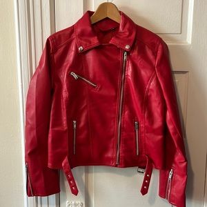 Apperloth A Lapel Collar Zipper Faux Leather Moto Jacket